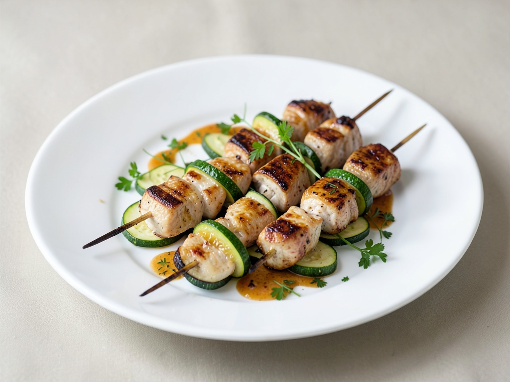 Brochettes de poulet grillées avec des lamelles de courgette