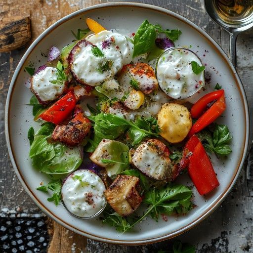 Spiedini di pollo alla griglia con insalata e salsa all'aglio