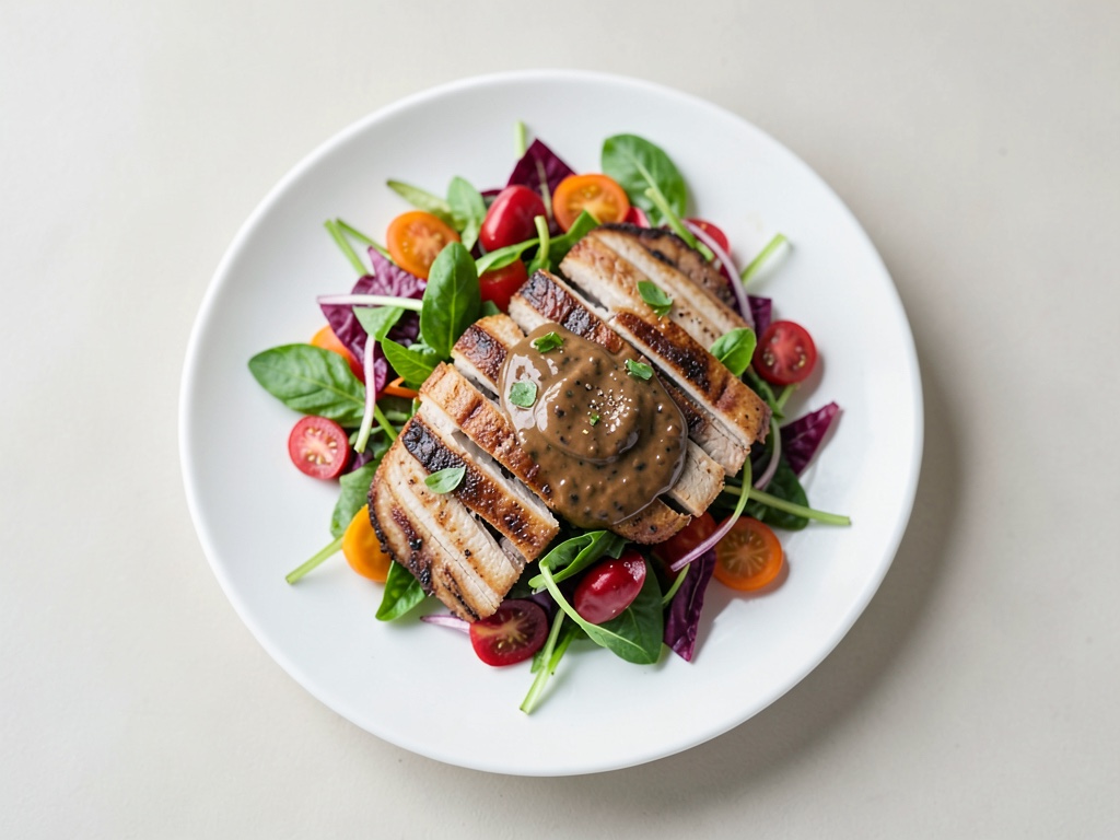 Strisce di pollo croccanti con dip BBQ su insalata colorata