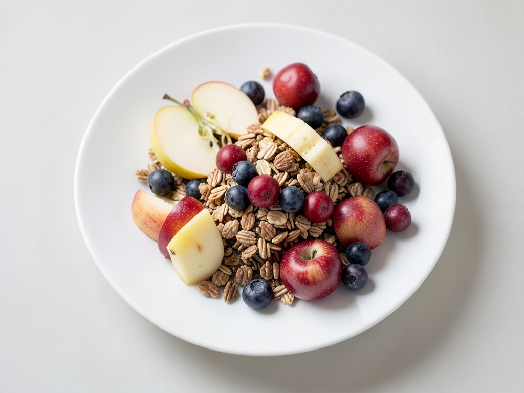 Muesli de avena con manzana, plátano y frambuesas