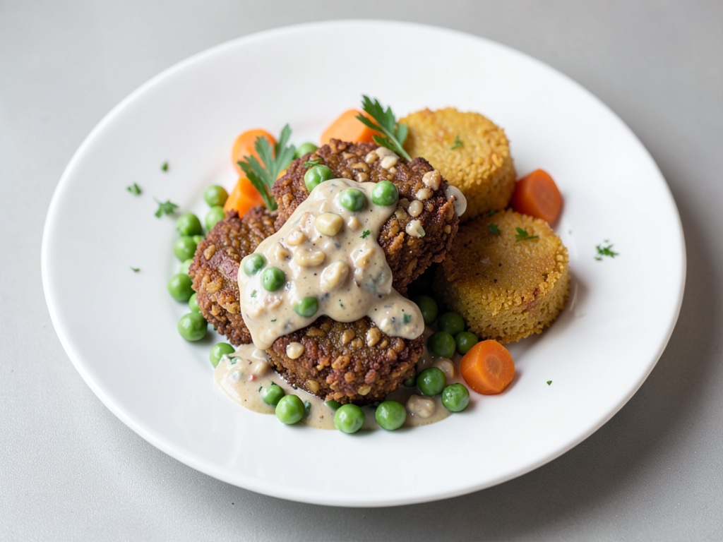 Cotolette di fiocchi d'avena con verdure cremose di piselli e carote e rösti