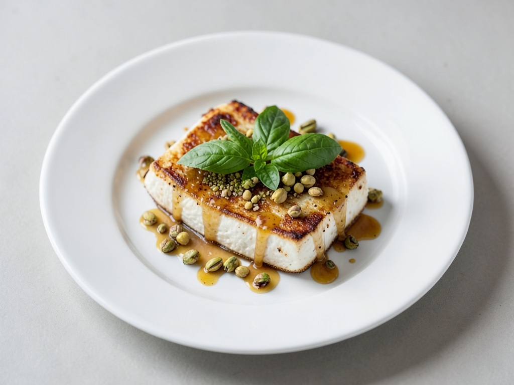 Halloumi frit avec miel de pistache et basilic frais