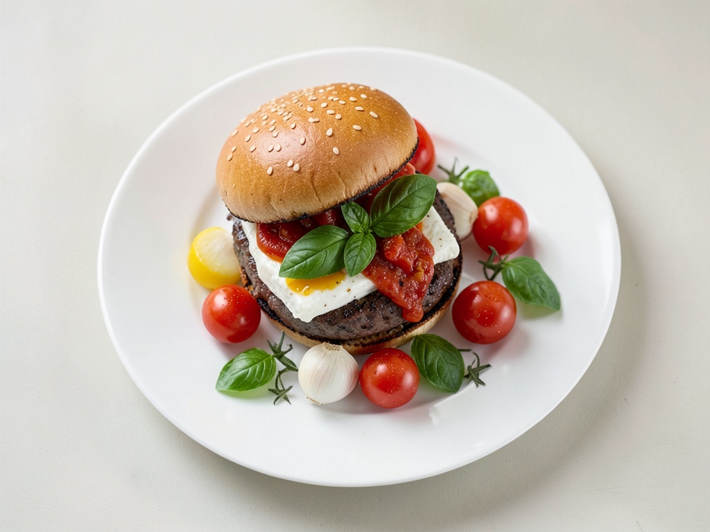 Burger con salsa fresca di pomodori e basilico e mozzarella