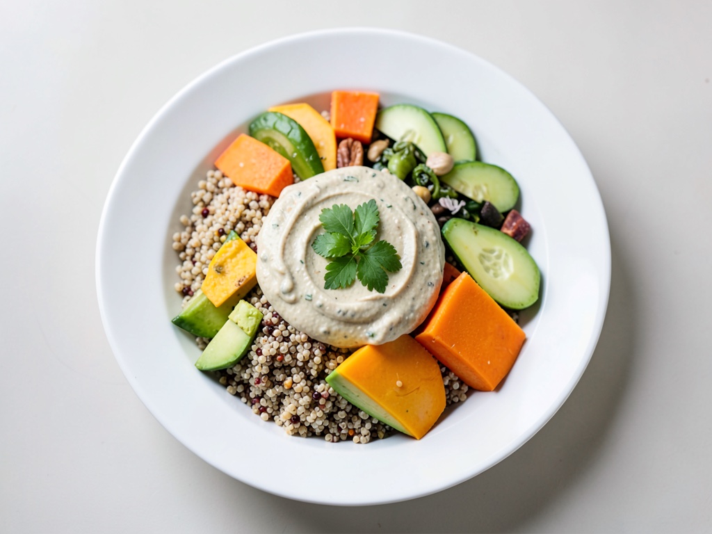 Bowl Poke hawaïenne au quinoa, potiron, avocat, concombre et dip crémeux cacahuète-coriandre-gingembre