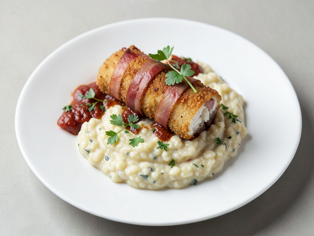 Merluzzo croccante avvolto nel bacon con risotto cremoso al vino bianco