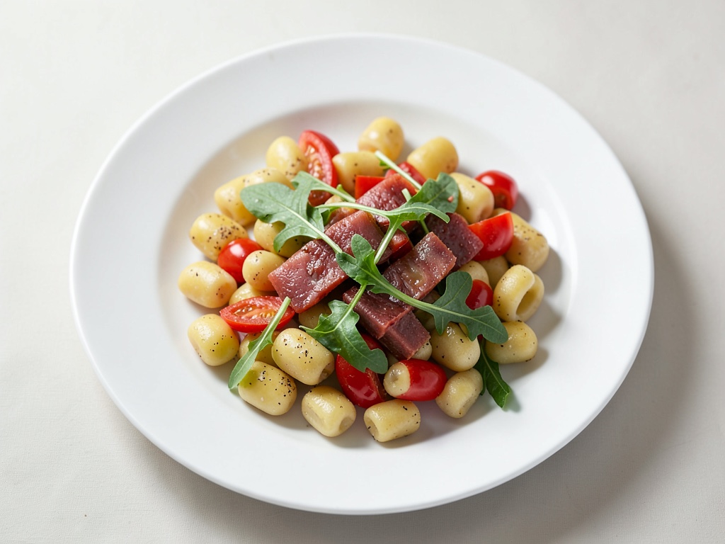 Gnocchi salati con peperoni, pancetta e rucola