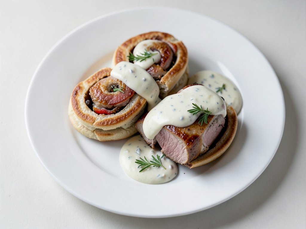 Rotoli di frittata salati con petto di tacchino fritto e condimento allo yogurt
