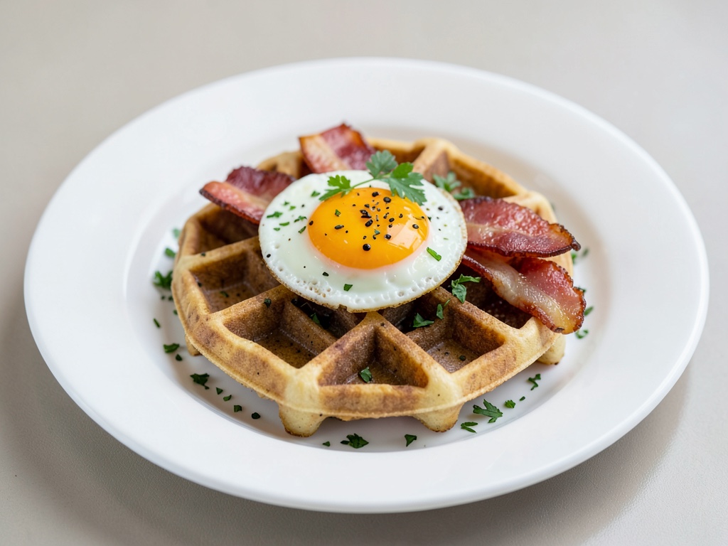 Waffles salados con huevo frito y bacon
