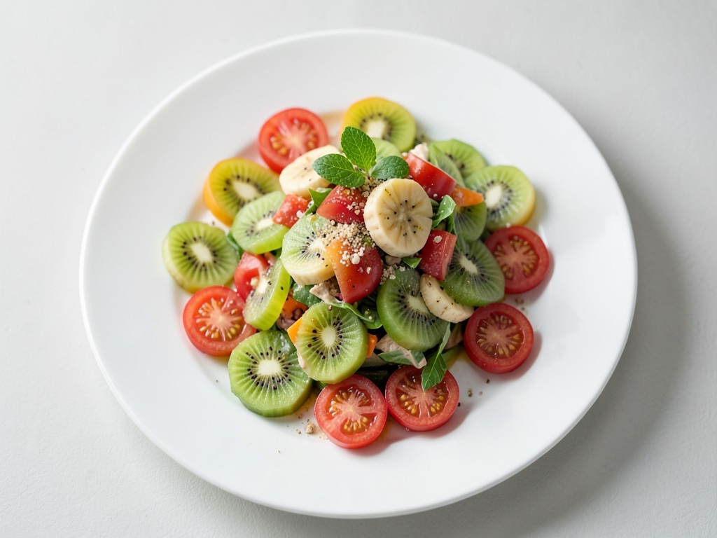 Ensalada sabrosa de kiwi con plátanos y tomates