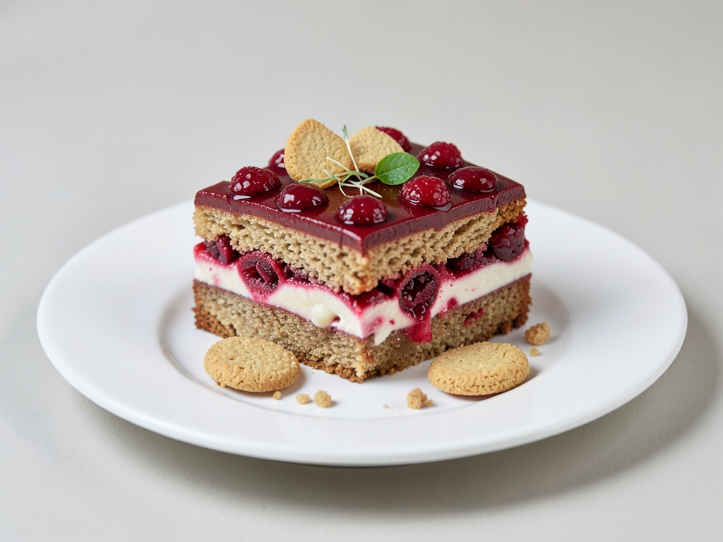 Himbeer-Kuchen mit Puddingfüllung und Keksen