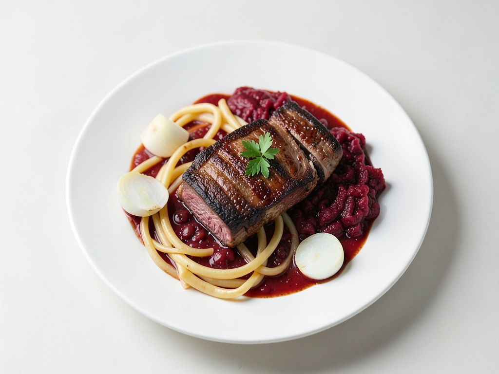Fragrante coscia di cervo al forno con salsa di mirtilli rossi, spätzle e cavolo rosso