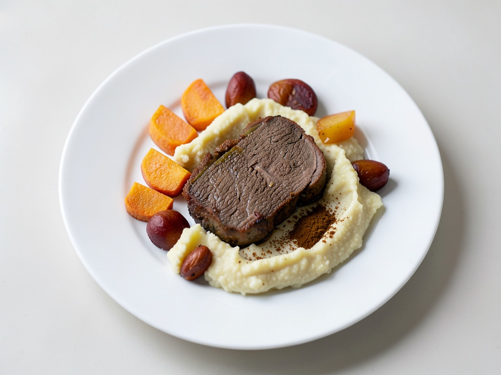 Tenero coscio di cervo con zucca dolce e purè di patate cremoso