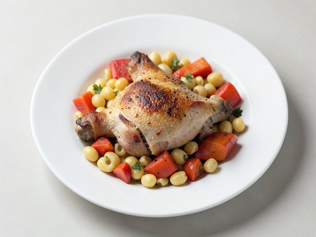 Cuisse de poulet au miel avec macaronis au four et légumes pomme-poivron
