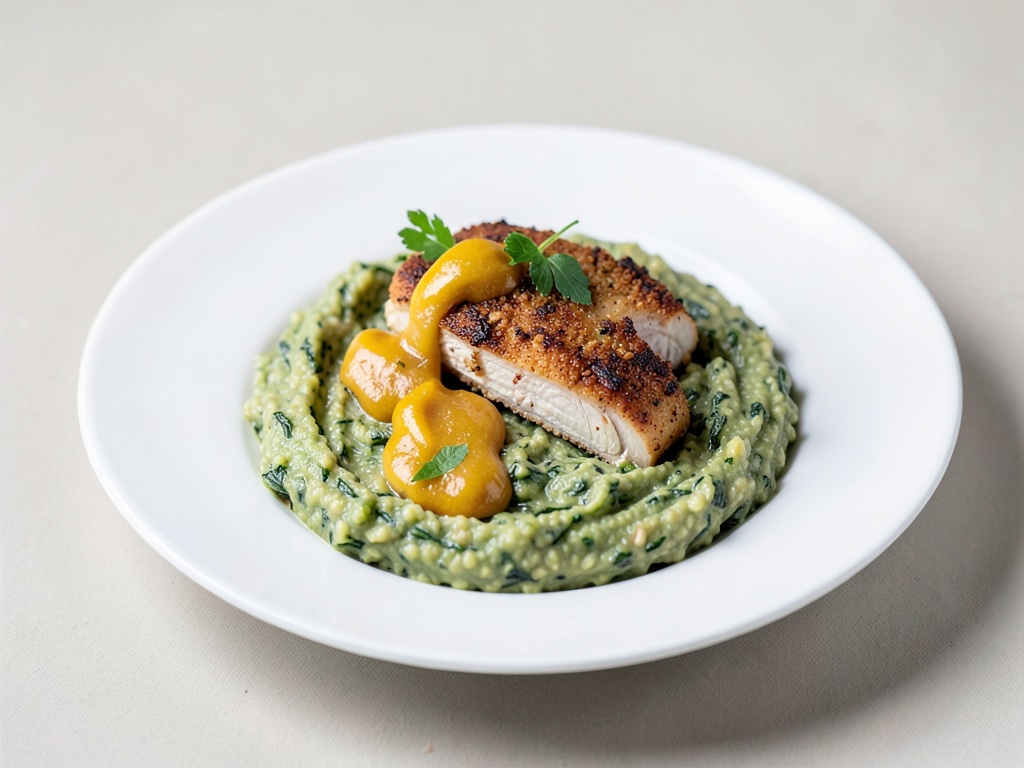 Petto di pollo croccante su polenta al formaggio cremosa con burro alle noci e agrumi