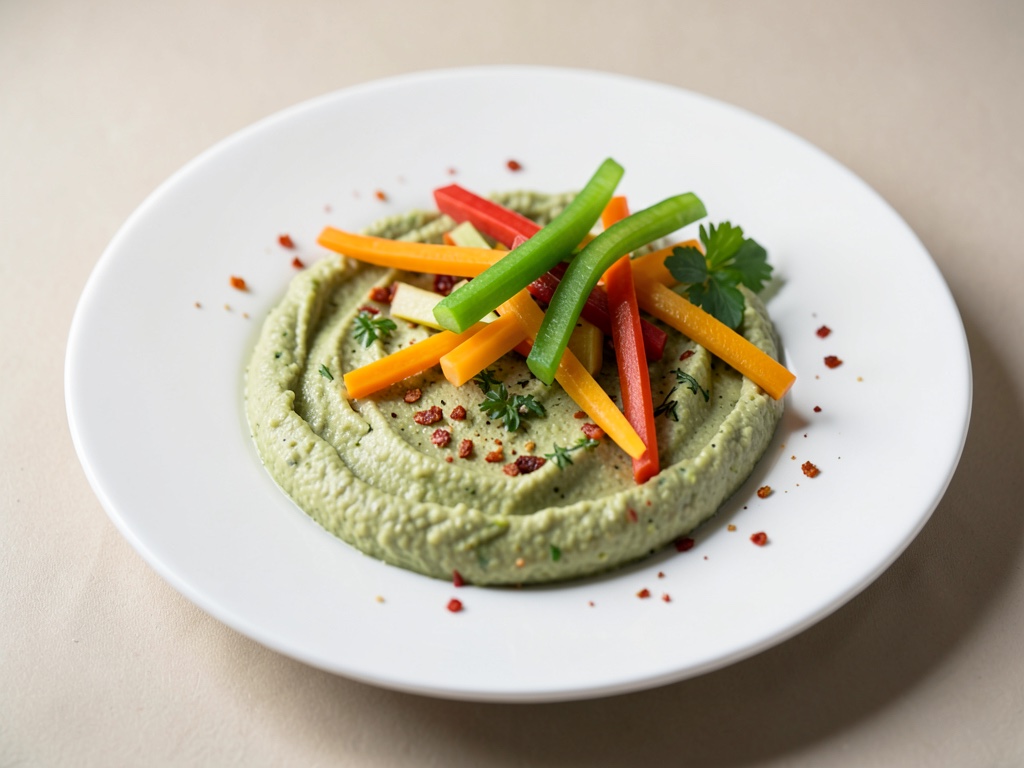 Hummus fresco con palitos de verduras coloridas