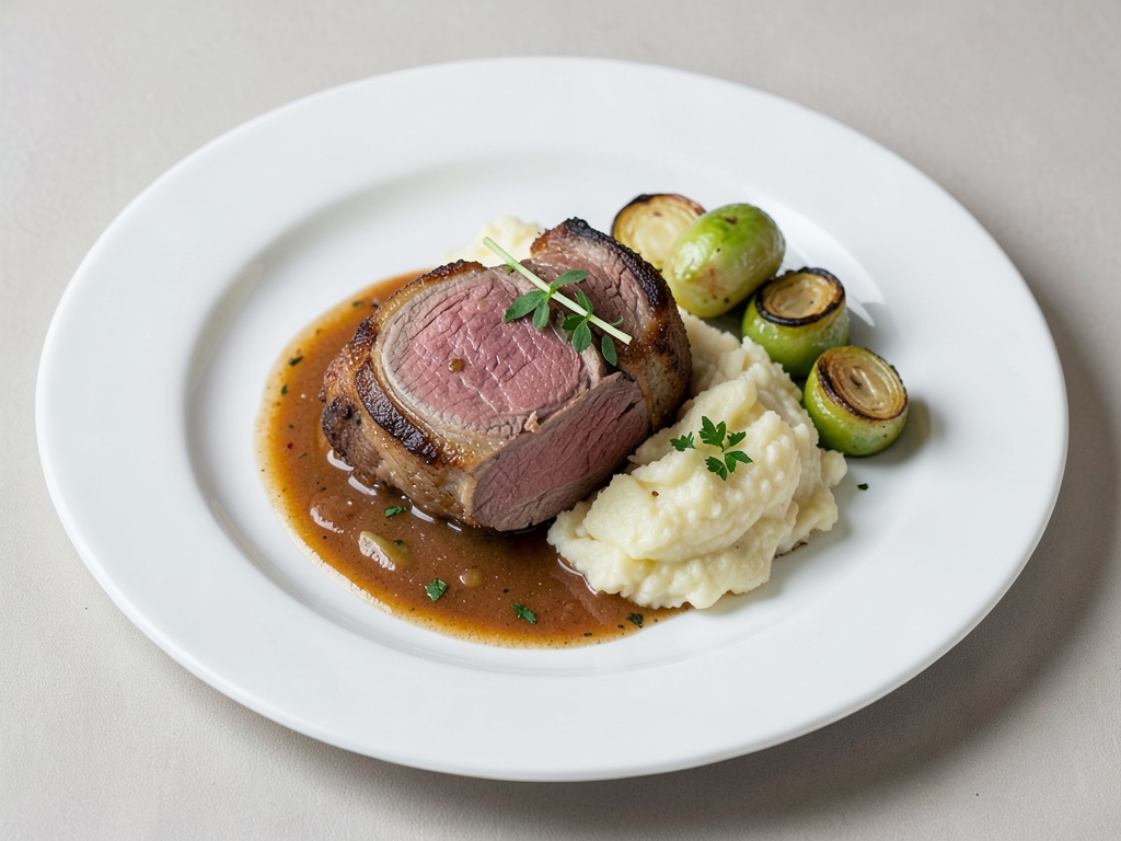 Tenere coscia di cinghiale in bagno al succo di mela con purè di patate cremoso e cavolo di Bruxelles caramellato