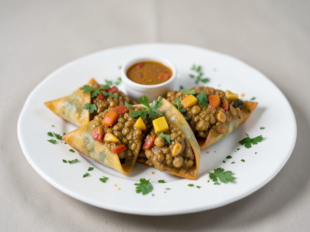 Samosas indios con relleno de curry de garbanzos y chutney de mango