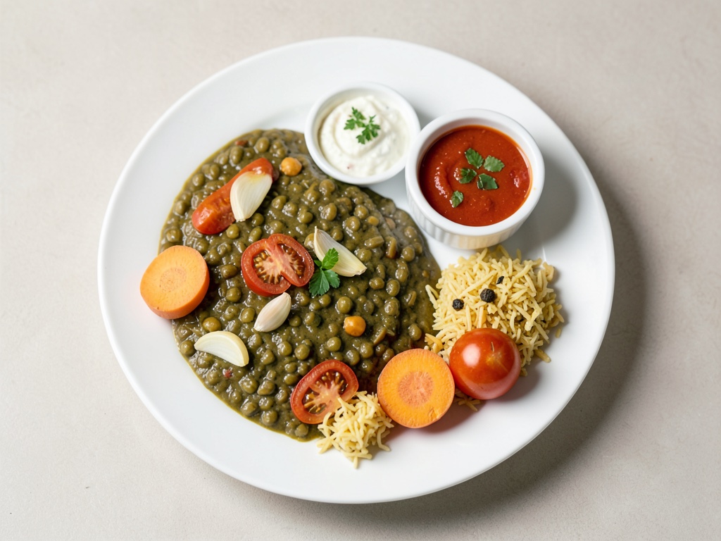 Piatto di lenticchie indiane con insalata di cetrioli e yogurt e riso