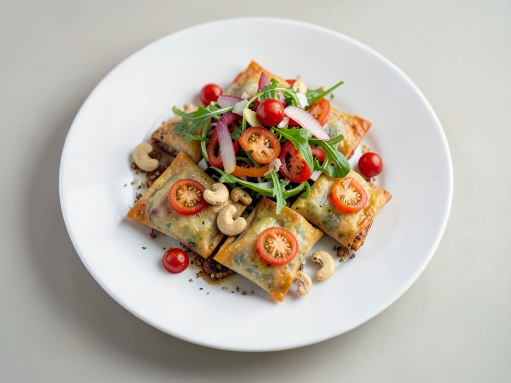 Involtini di pollo con insalata di pasta alle peperoni e anacardi tostati