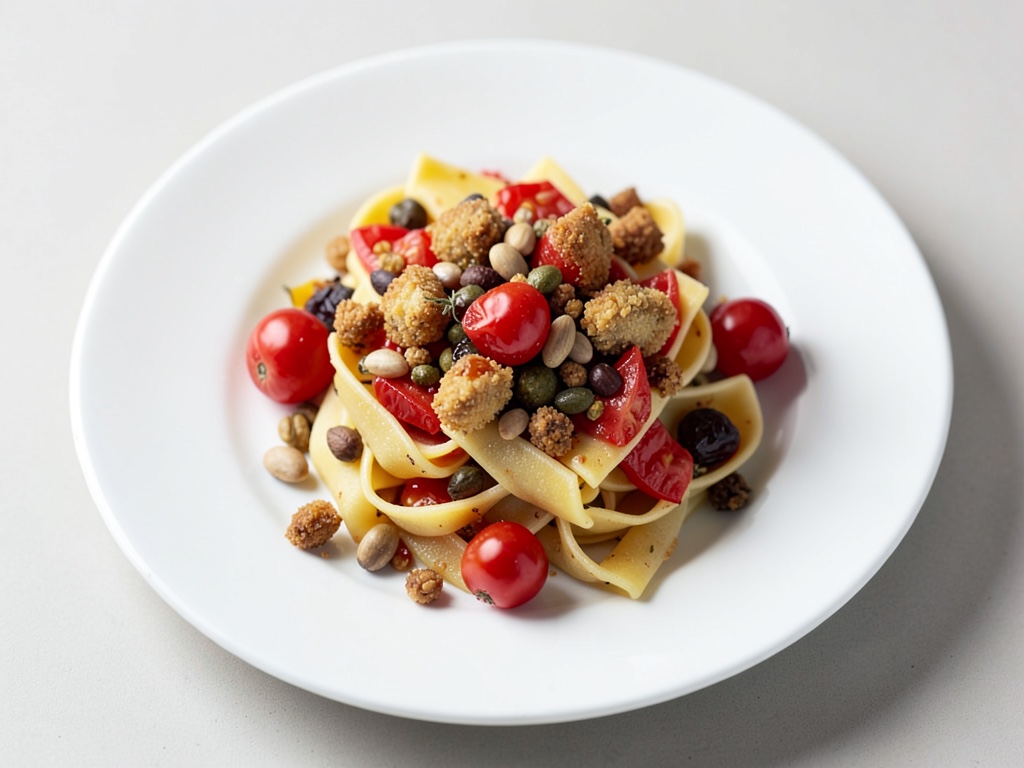 Tagliatelle mit Ofentomaten, gerösteten Pinienkernen und knusprigen Kapern