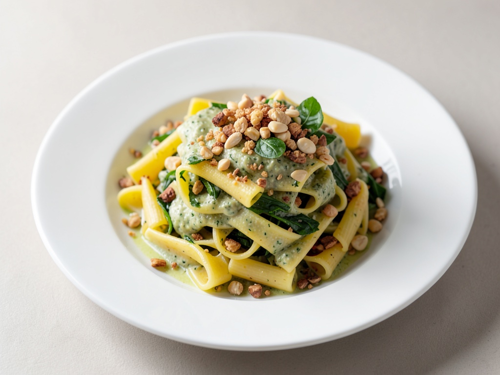 Frischer Nudelsalat mit gerösteten Pinienkernen und Basilikum-Dressing
