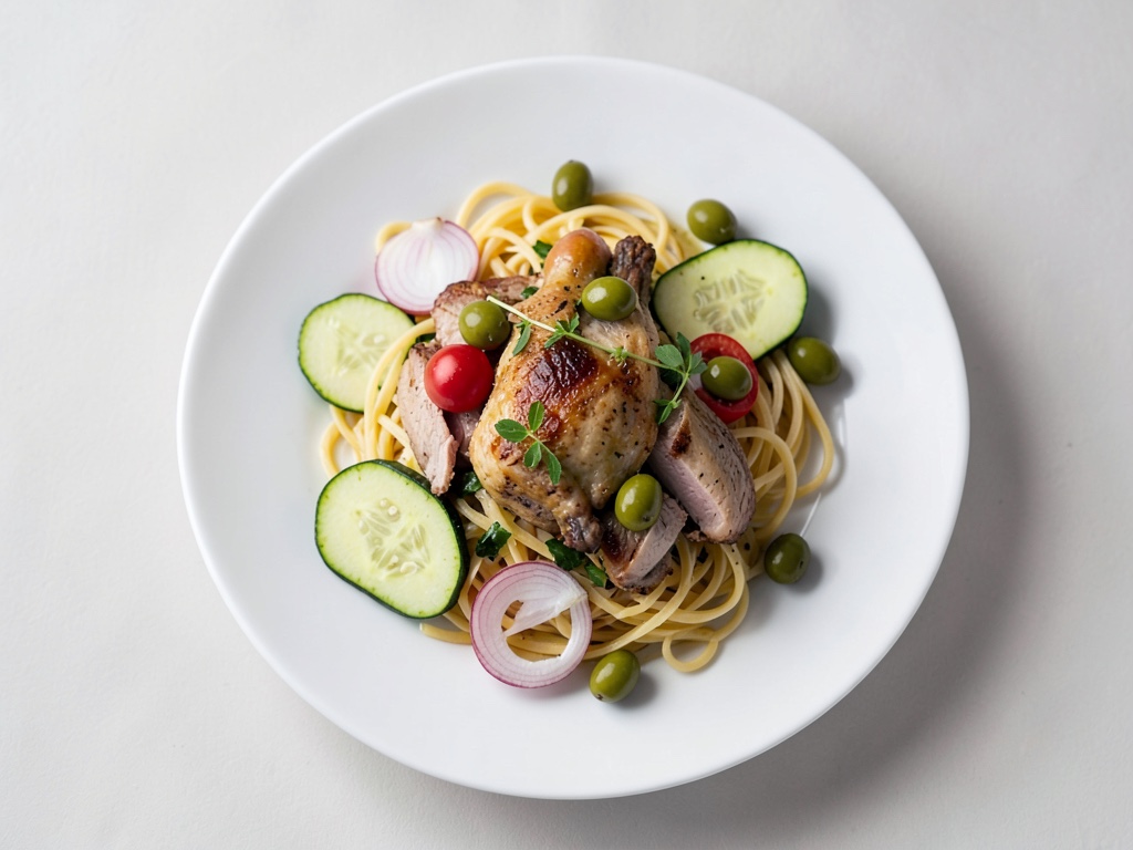 Italienischer Nudelsalat mit Hähnchen und grünen Oliven