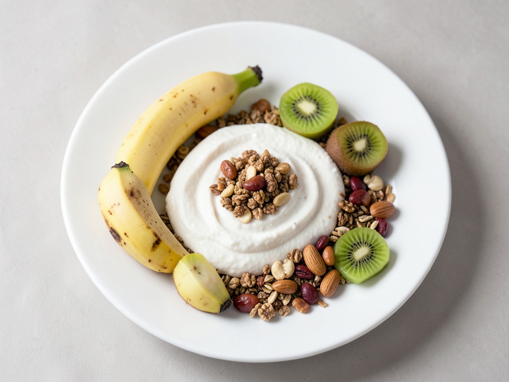 Joghurt mit Müsli, Banane und Kiwi