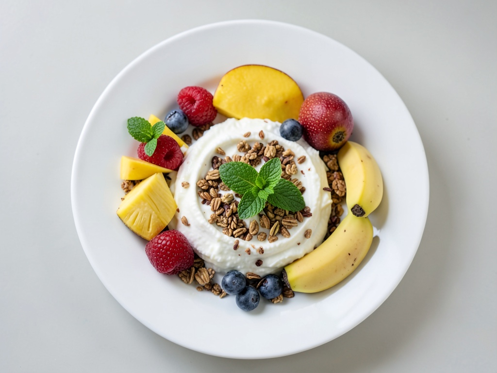 Joghurt mit Müsli und tropischen Früchten
