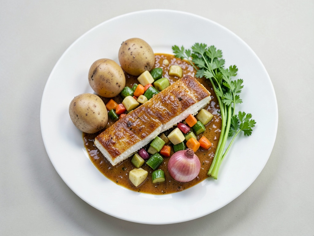 Merluzzo con burro al curry e verdure di patate e finocchio