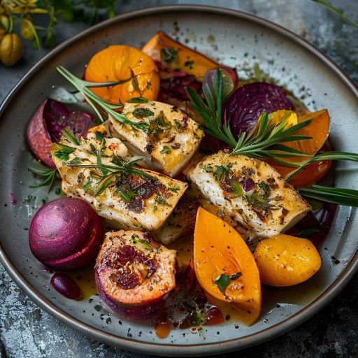 Baccalà al forno con barbabietola rossa e zucca tostate