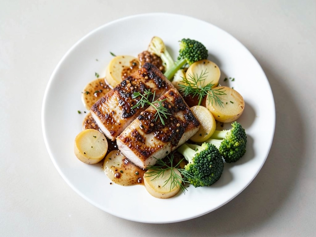 Kabeljau mit Senfkruste, Dill-Kartoffeln und Weißkohl