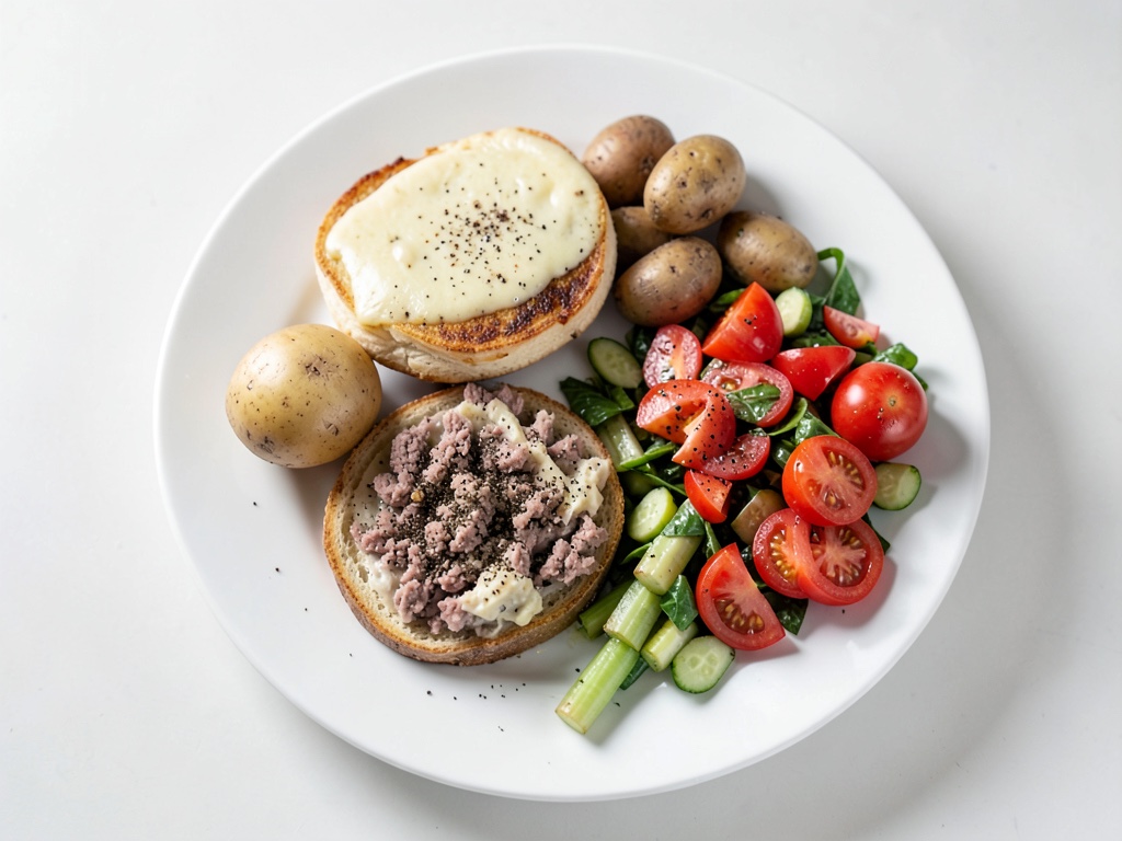 Polpette al formaggio con purè di patate e insalata di pomodori e cetrioli