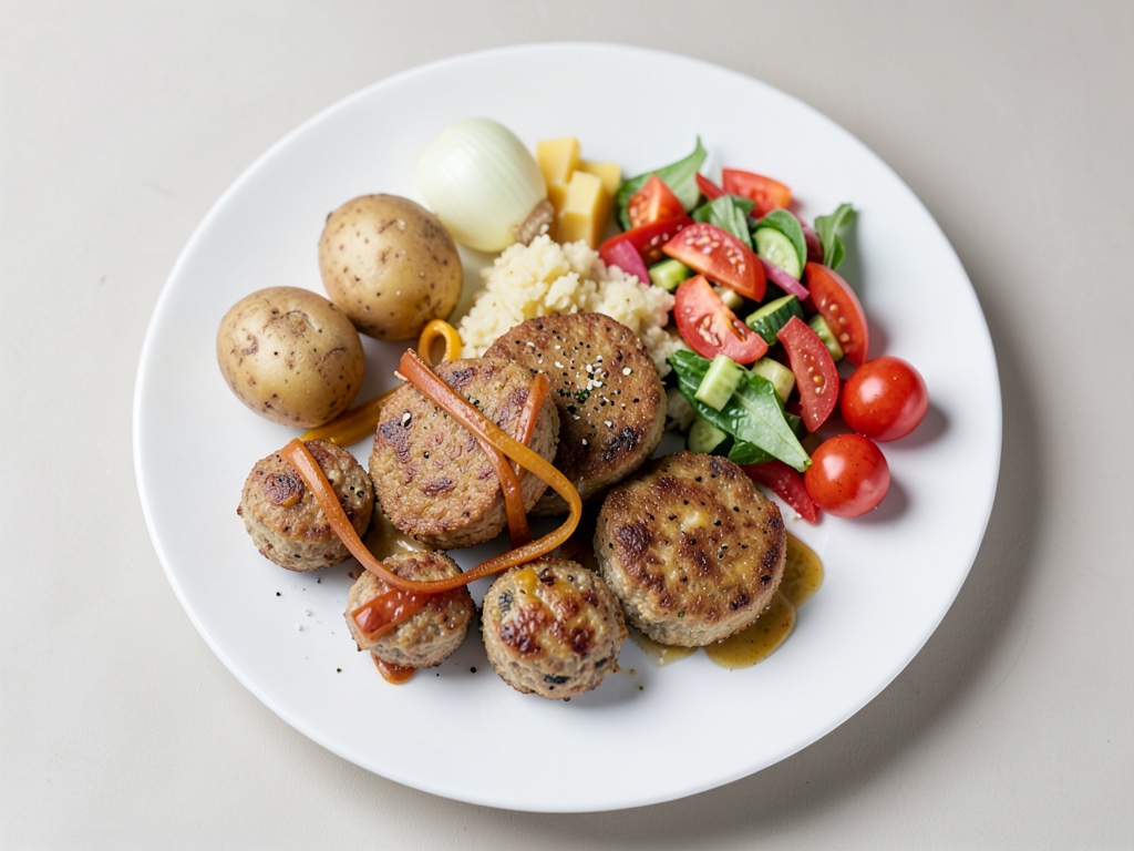 Polpette di formaggio con purè di patate, cipolle fritte e insalata di pomodori e cetrioli