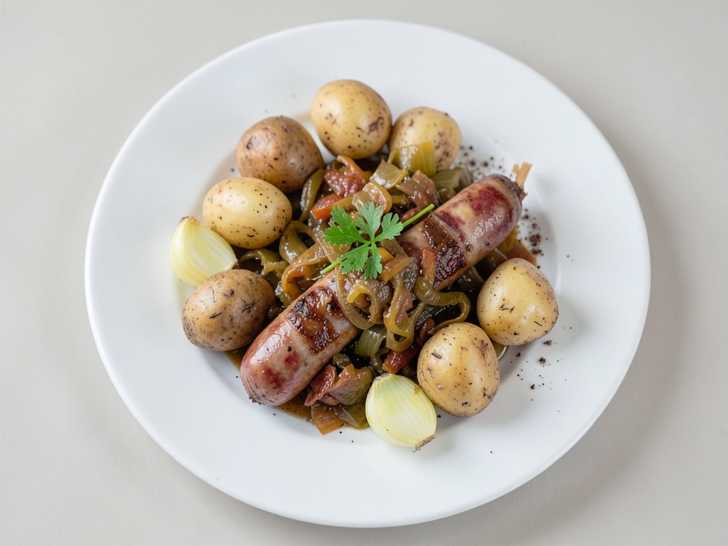 Patate croccanti con salsiccia al formaggio e crauti