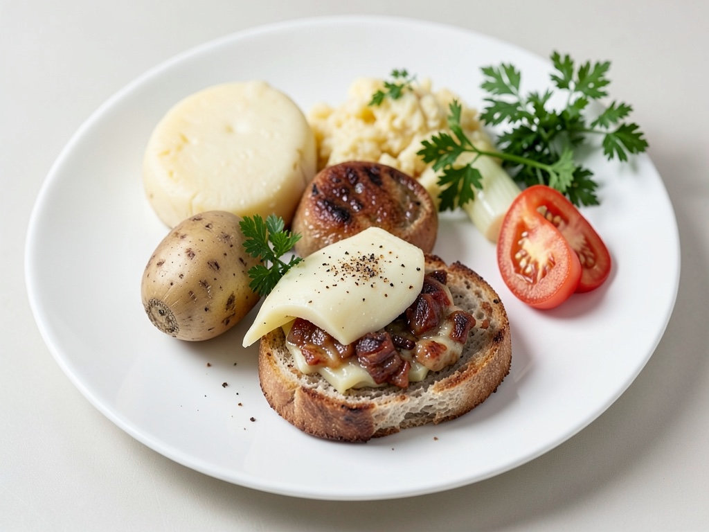 Polpette di formaggio croccanti con purè di patate cremoso e cipolle