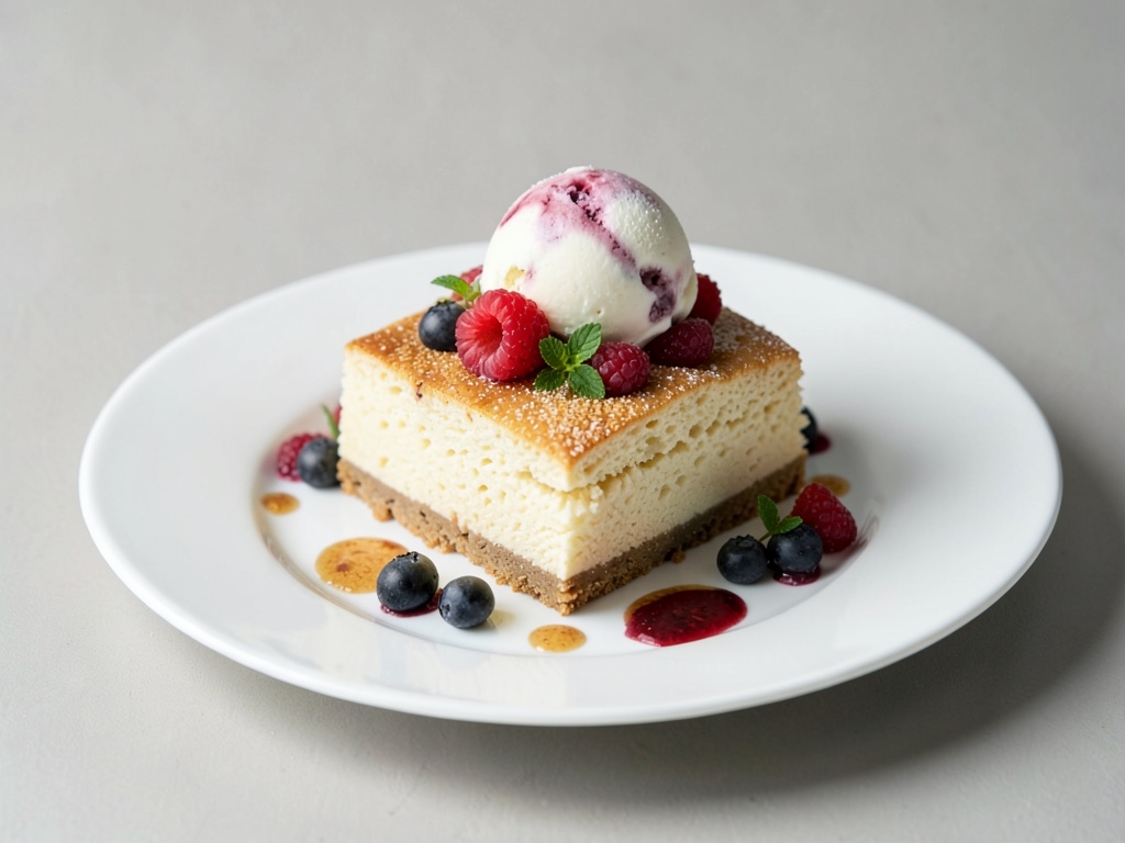 Glaskäsekuchen mit hausgemachtem Frucht-Eis