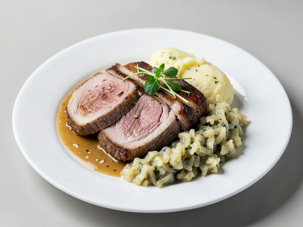 Côtelettes de veau avec purée de pommes de terre et mélange de choucroute à la crème aigre