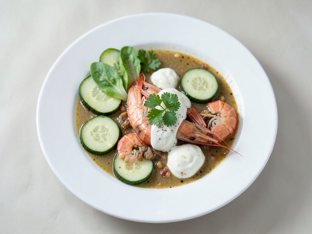Sopa fría de pepino con gambas
