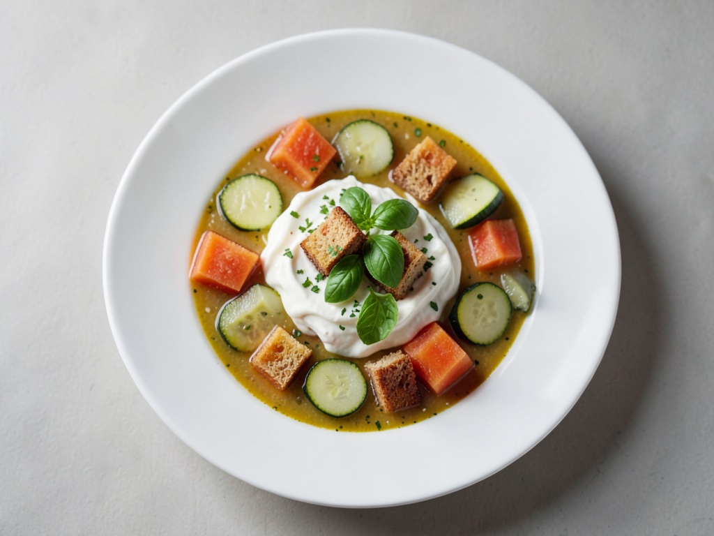 Refrescante sopa fría de melón y pepino con crujientes dados de tostada