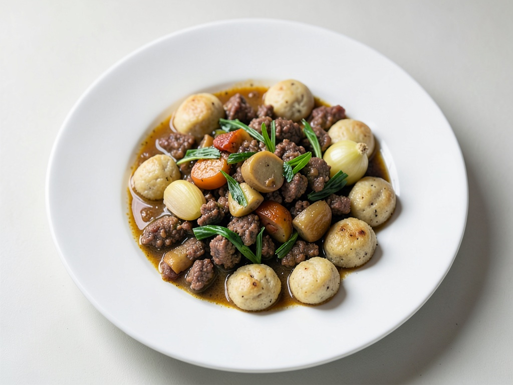 Padella di carne macinata e porri caramellata con gnocchi di pane