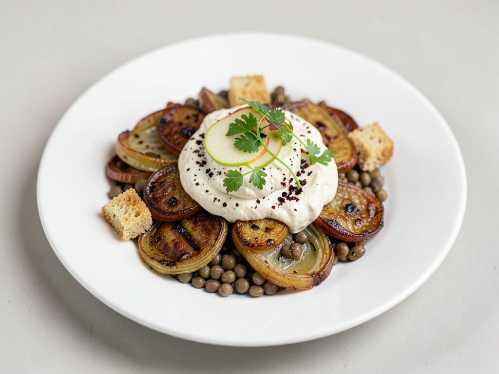 Karamellisierte Fenchelscheiben mit Linsen-Balsamico-Creme, Apfel-Dressing und Croutons