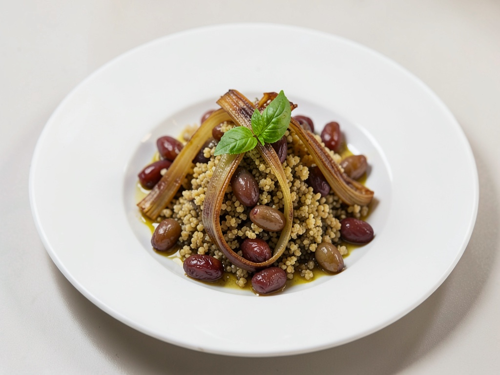 Fenocchio caramellizzato con quinoa alle datteri e olio al basilico