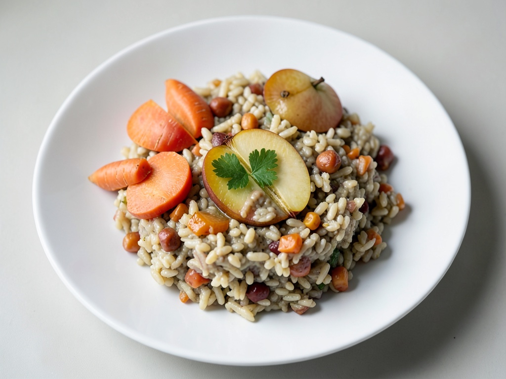 Porridge cremoso di riso e carote con pera