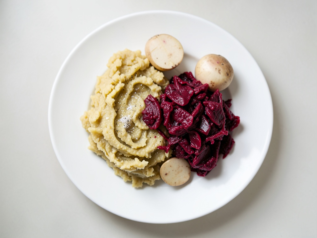 Purè cremoso di patate e pere con insalata tiepida di cavolo rosso e mirtilli rossi