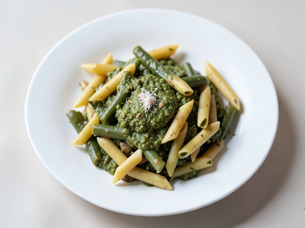 Kartoffel-Bohnen-Pasta mit frischem Basilikum-Pesto