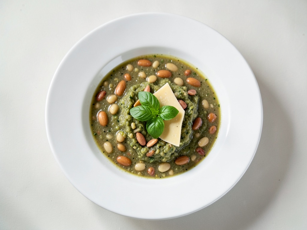 Sopa de patatas y judías con pesto de almendras