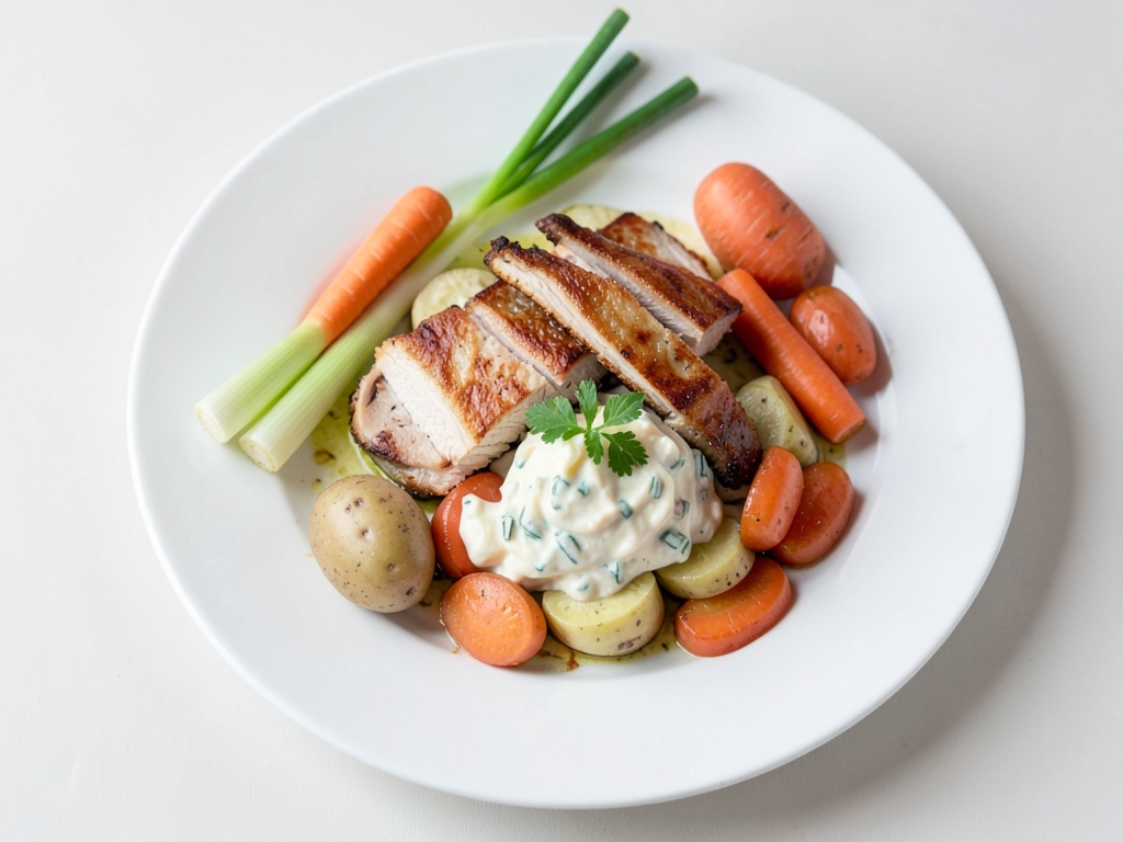 Crocchette croccanti di patate e verdure con striscioline di pollo e crema di rafano
