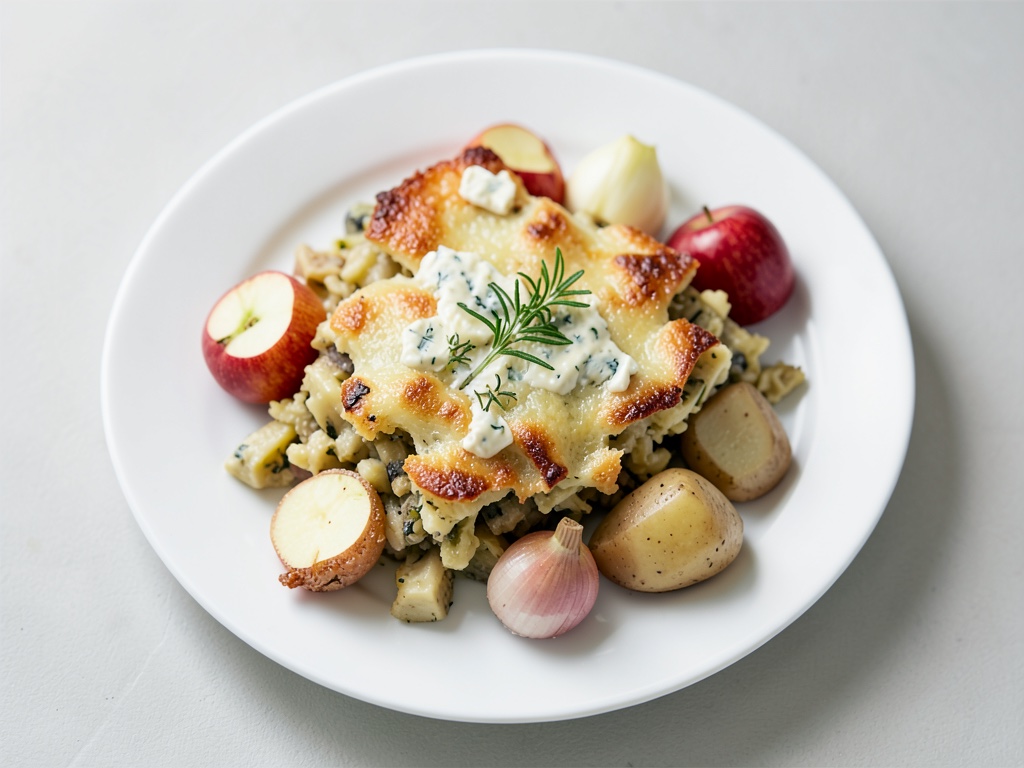 Gratin di patate con mela, timo e formaggio erborinato