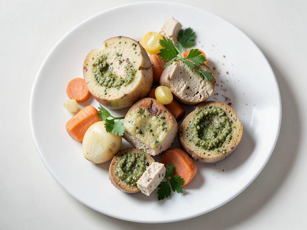 Knusprige Kartoffel-Puffer mit Tofu, Karotten und Petersilie-Walnuss-Pesto