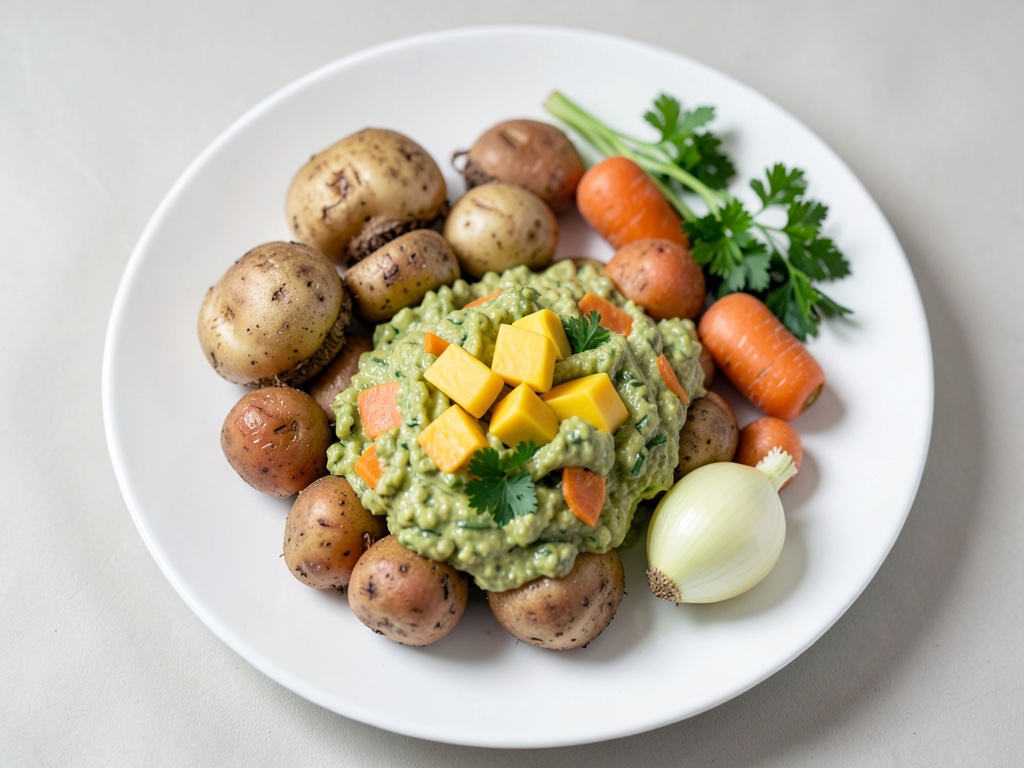 Gaufrettes croustillantes de pommes de terre et carottes avec dip mangue-avocat